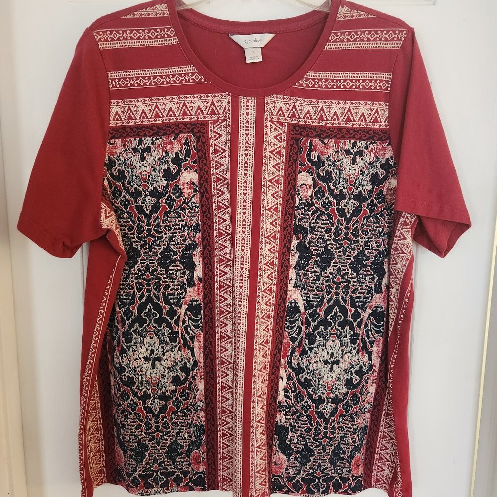WOMAN'S CJ BANKS TOP SIZE 1X RED/BLUE SHORT SLEEVE #1631
